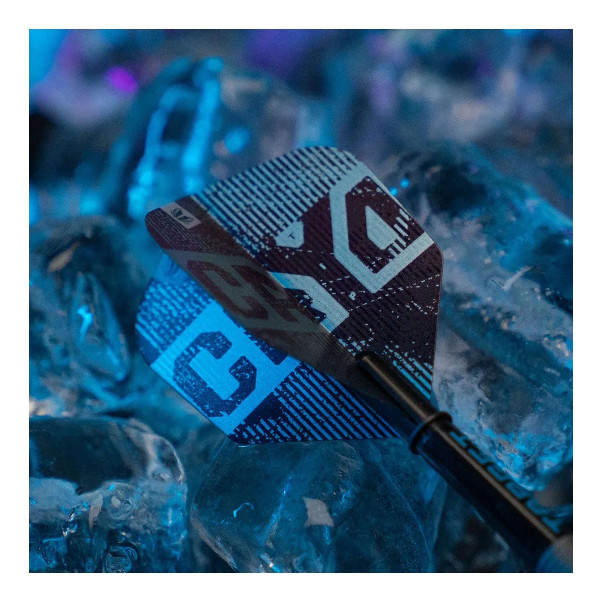 Close up of Target Cryo logo on blue and claret dart flight
