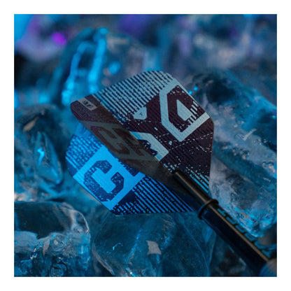 Close up of Target Cryo logo on blue and claret dart flight