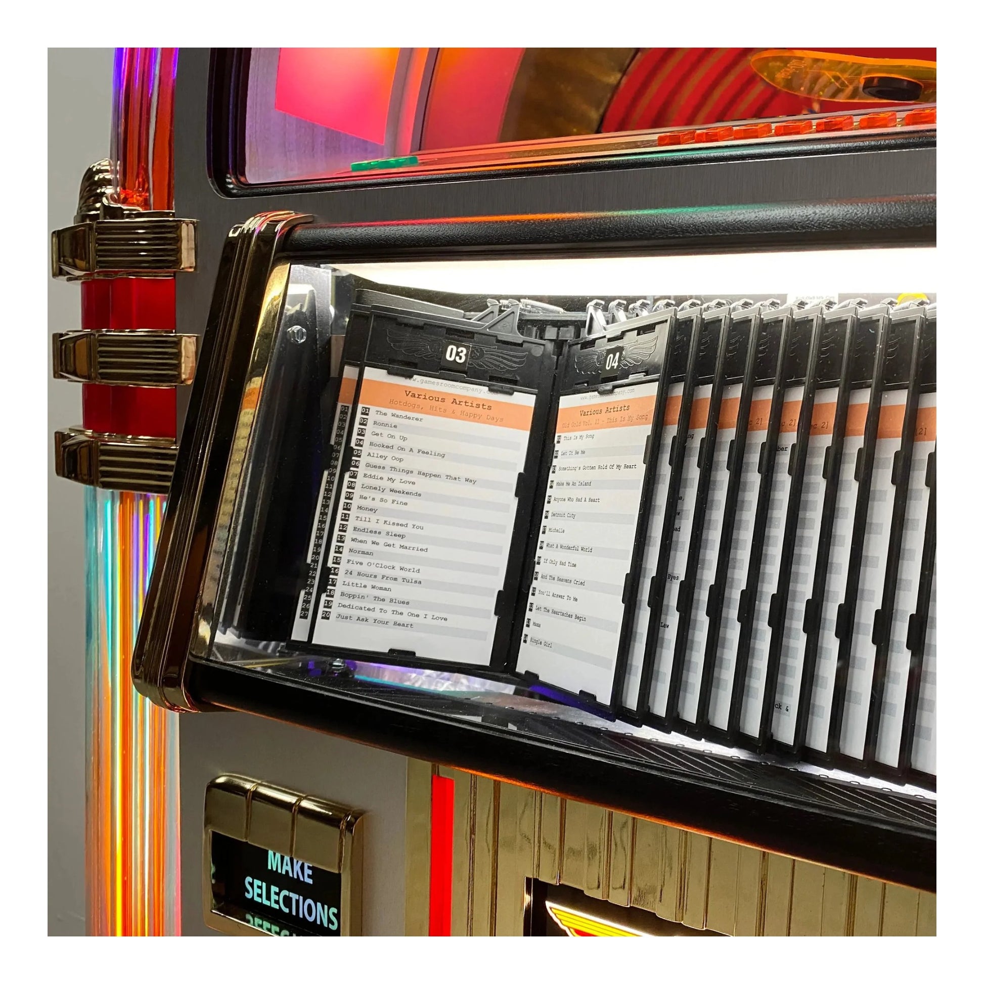 A close-up of the 100-CD selection cards and player mechanism on the Crystal Edition Bubbler.