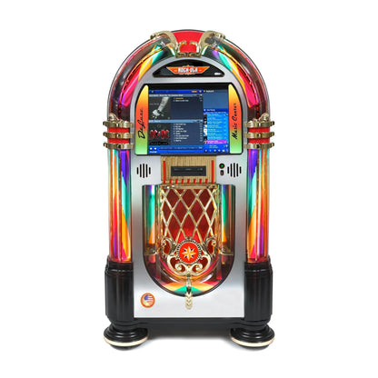 Multicolored jukebox with digital display on a white background