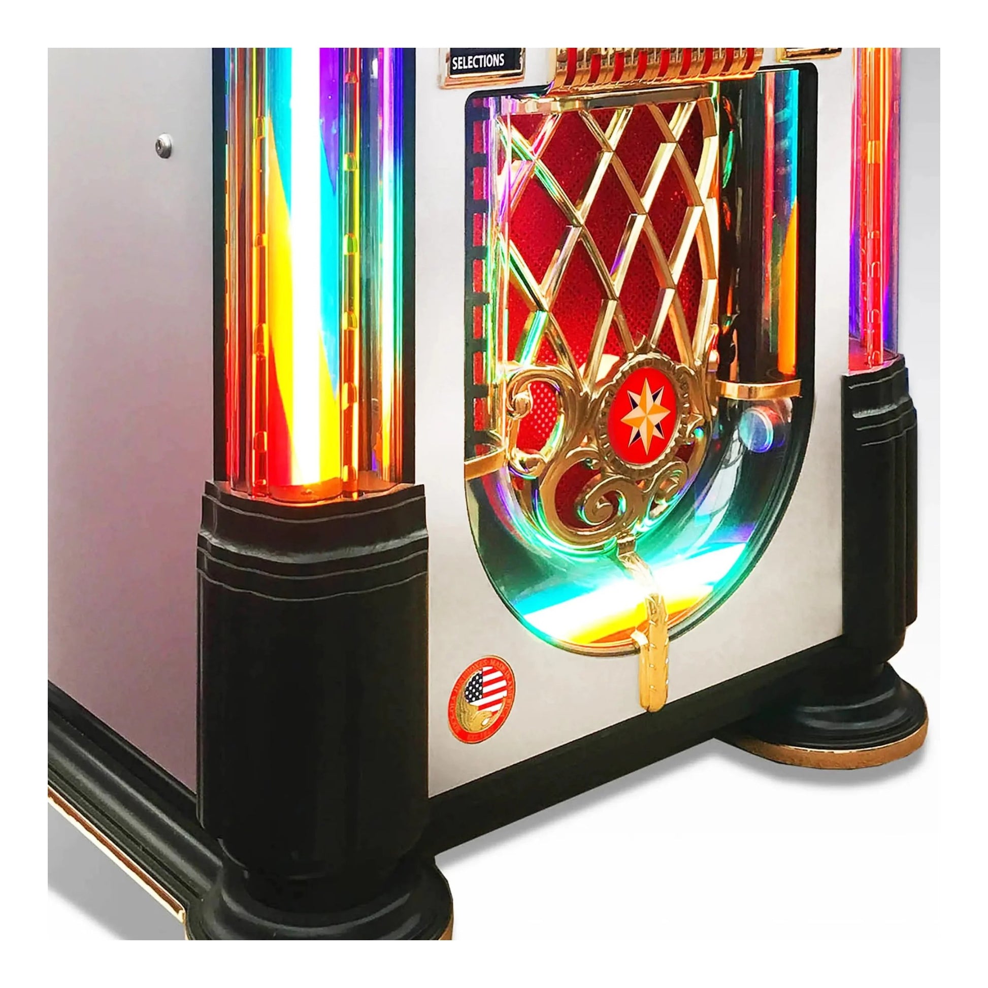 Colorful vintage-style jukebox with rainbow lights on a white background