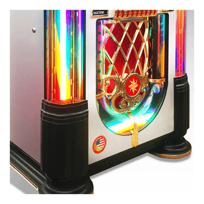 Colorful vintage-style jukebox with rainbow lights on a white background