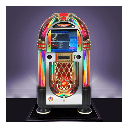 Colorful vintage-style jukebox with a screen on a dark background