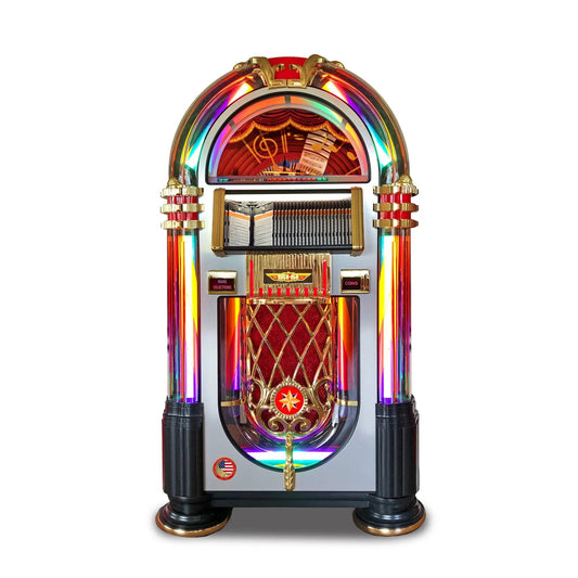 Front view of the Rock-Ola Bubbler Crystal Edition jukebox in brushed aluminum finish.