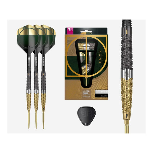 Full set of Target Cult Envy 01 Swiss Point Darts featuring black and gold performance coating and green accented flights