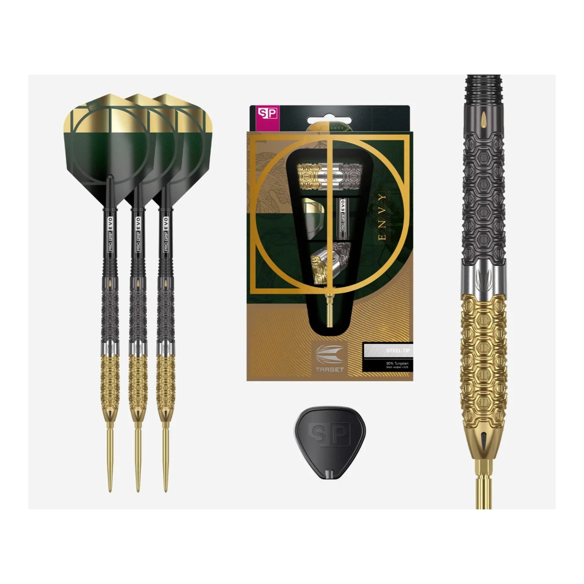 Full length view of Target Cult Envy 02 SP 90% tungsten darts with flights