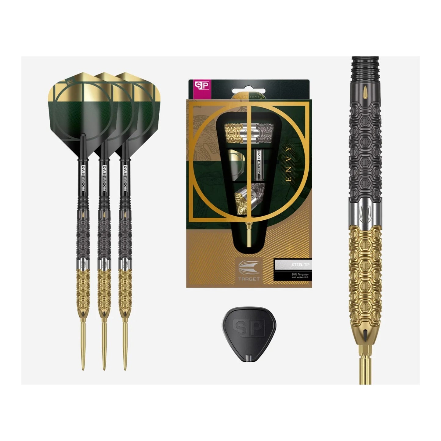 Full set of Target Cult Envy 03 SP 90% tungsten darts packaging and contents