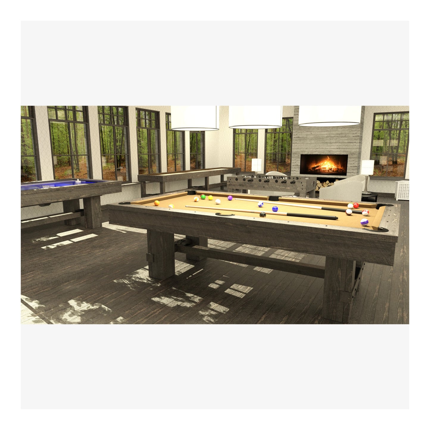 A full-length studio shot of the Canada Billiard Barn pool table, showing its complete rustic design.