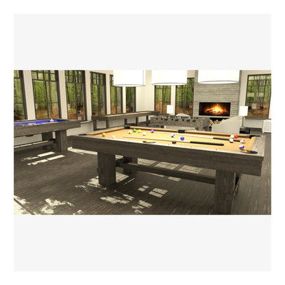 A full-length studio shot of the Canada Billiard Barn pool table, showing its complete rustic design.