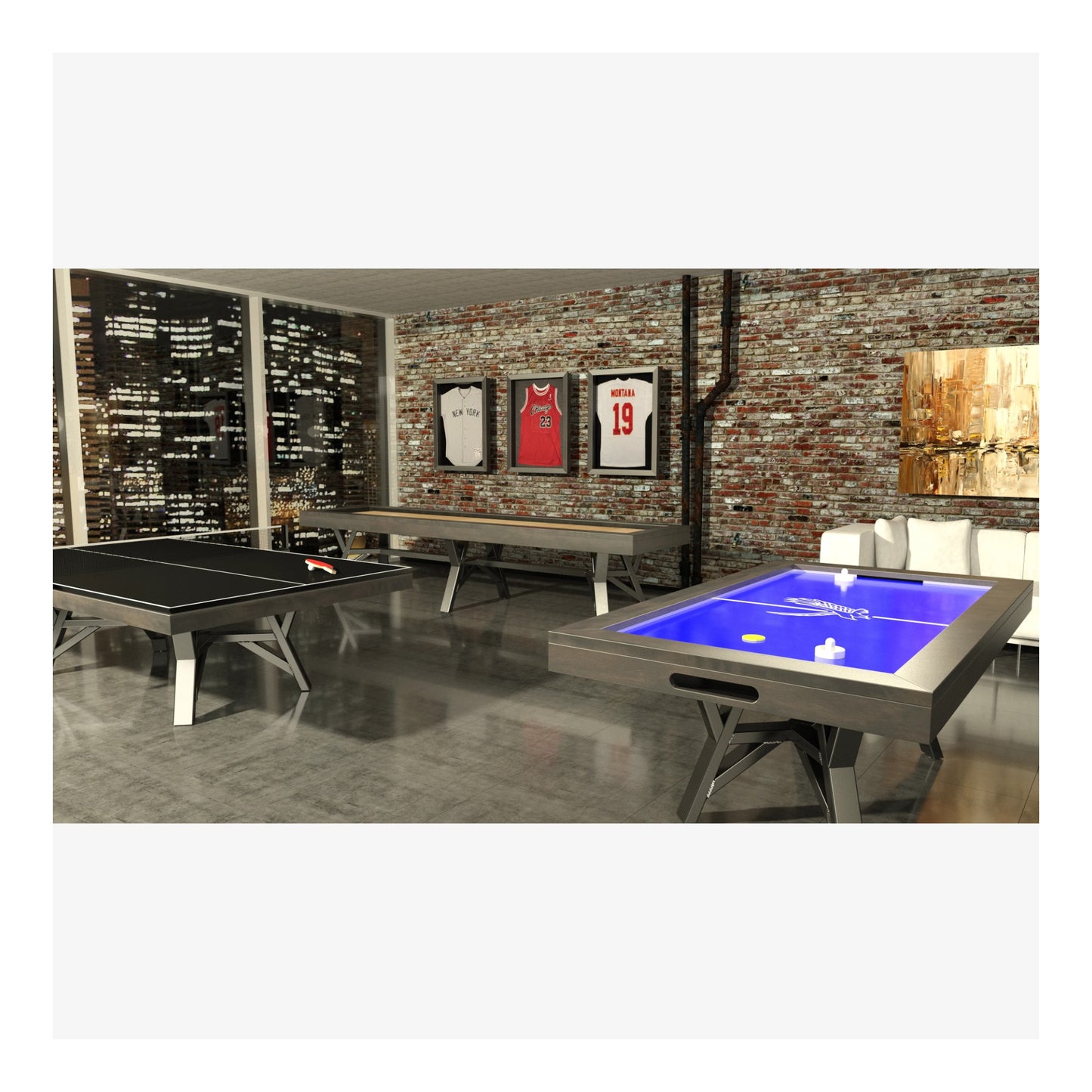 Game room with pool table, ping pong table, and sports jerseys on a brick wall.