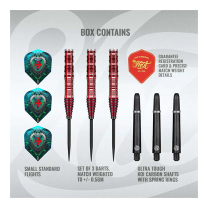 A complete set of three Shot Future Knights Dreadheart 90% tungsten darts, featuring a Black Titanium coating and Koi Carbon shafts.