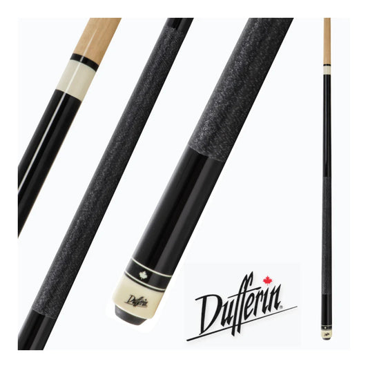 Dufferin 230 Club Series black pool cue with nylon wrap and maple shaft, displayed vertically.