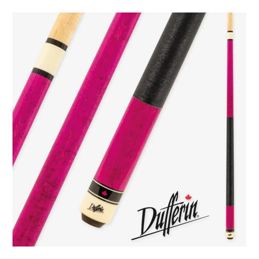 Dufferin Fashion Series pool cue in vibrant pink with black nylon wrap and stainless steel joint.