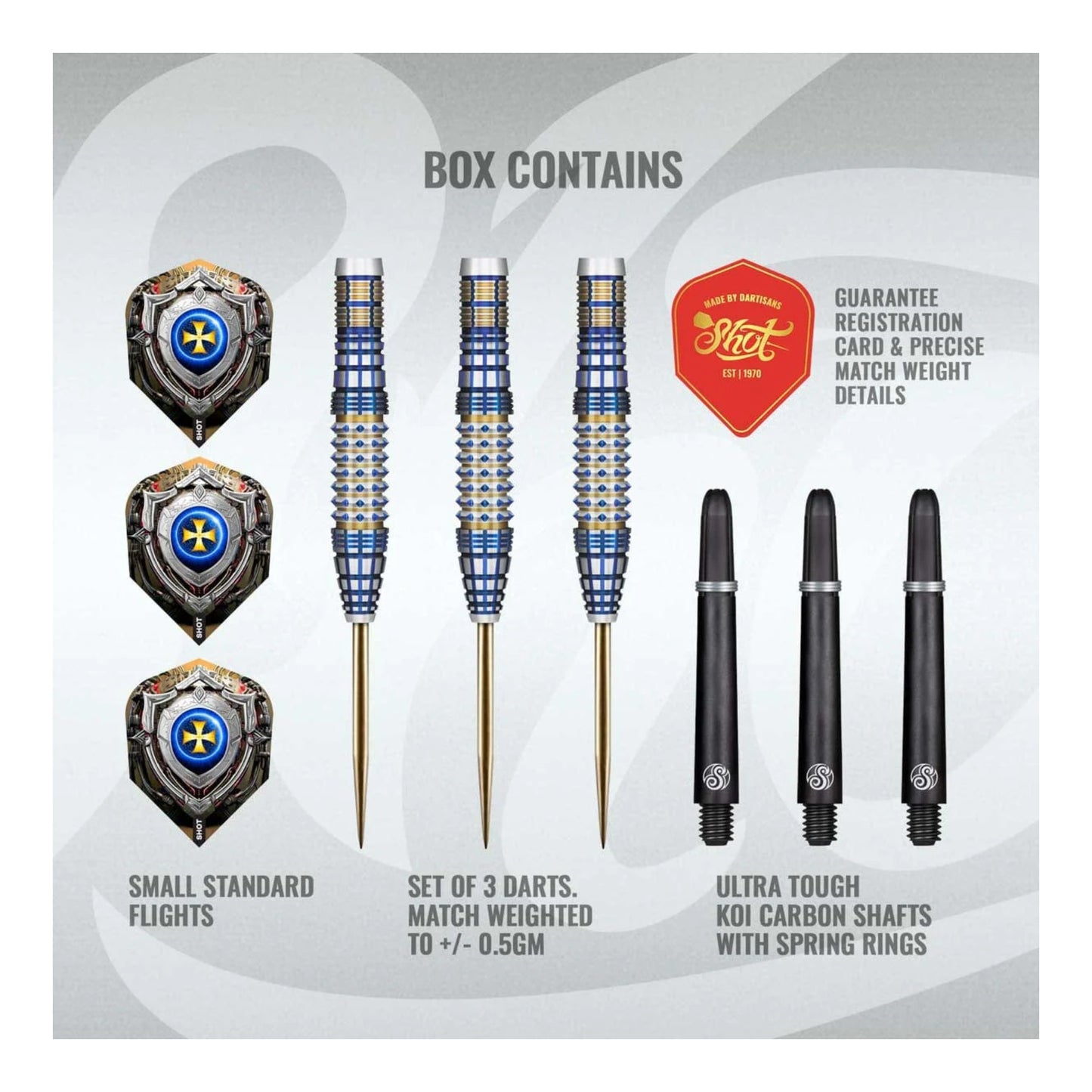 A complete set of three Shot Future Knights Darkstar 90% tungsten darts, showing the gold and blue PCT coating and black Koi Carbon shafts.