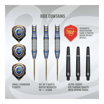 A complete set of three Shot Future Knights Darkstar 90% tungsten darts, showing the gold and blue PCT coating and black Koi Carbon shafts.