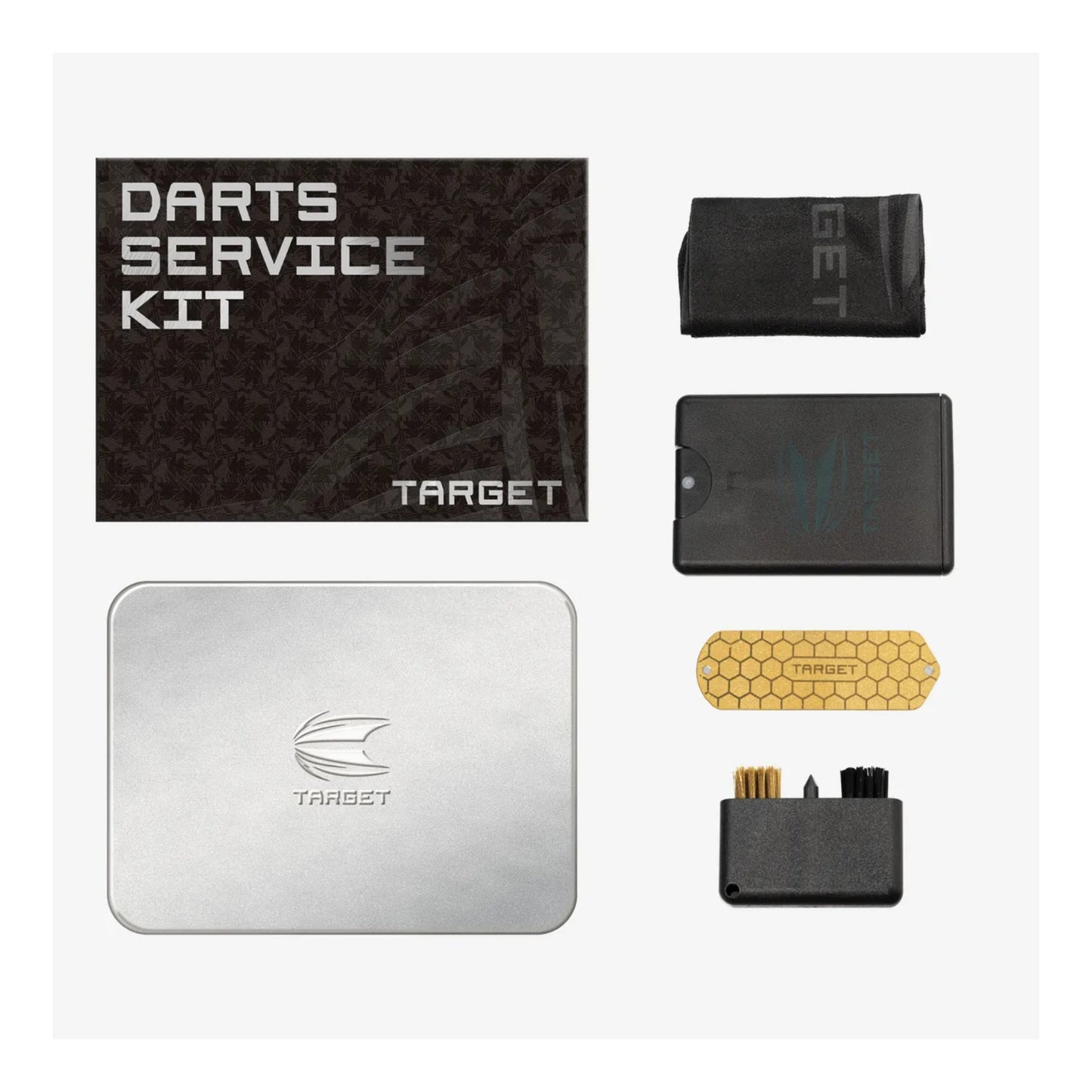Target Darts Servicing Kit tin box with cleaning brush and sharpener displayed