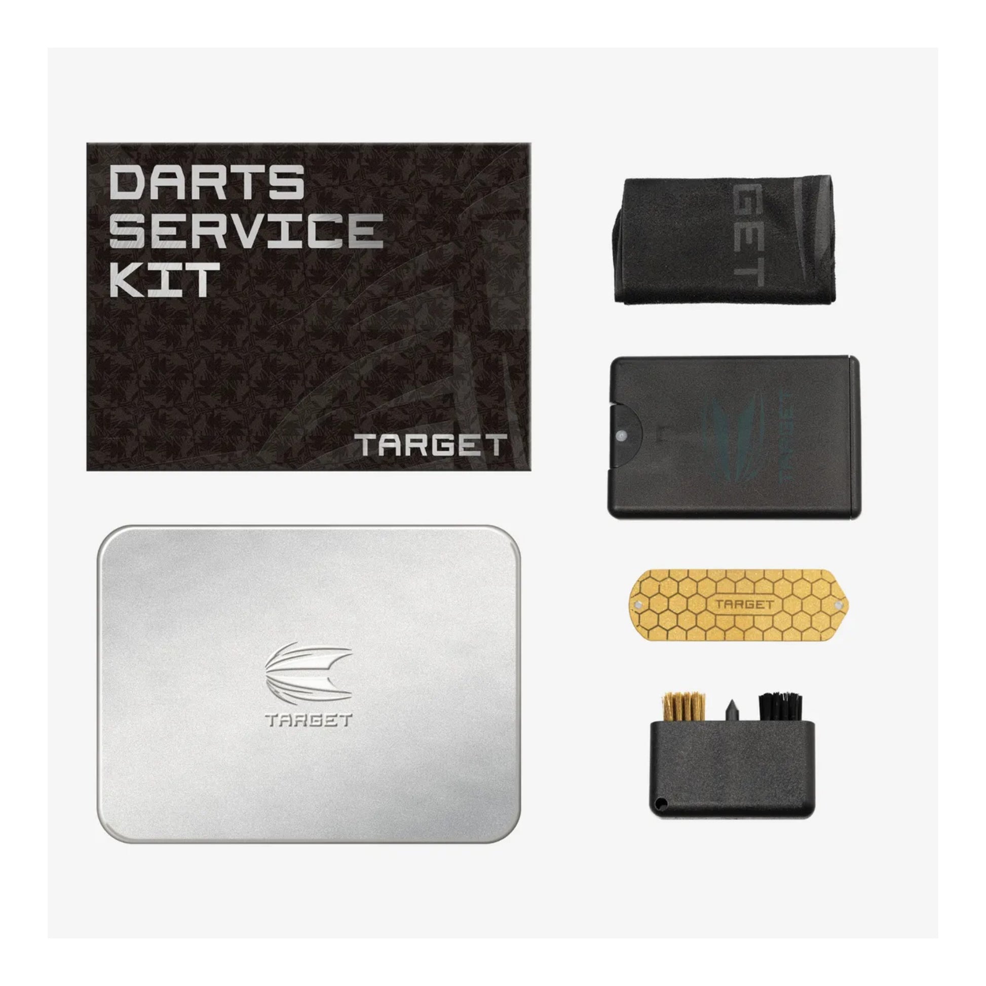 Target Darts Servicing Kit tin box with cleaning brush and sharpener displayed