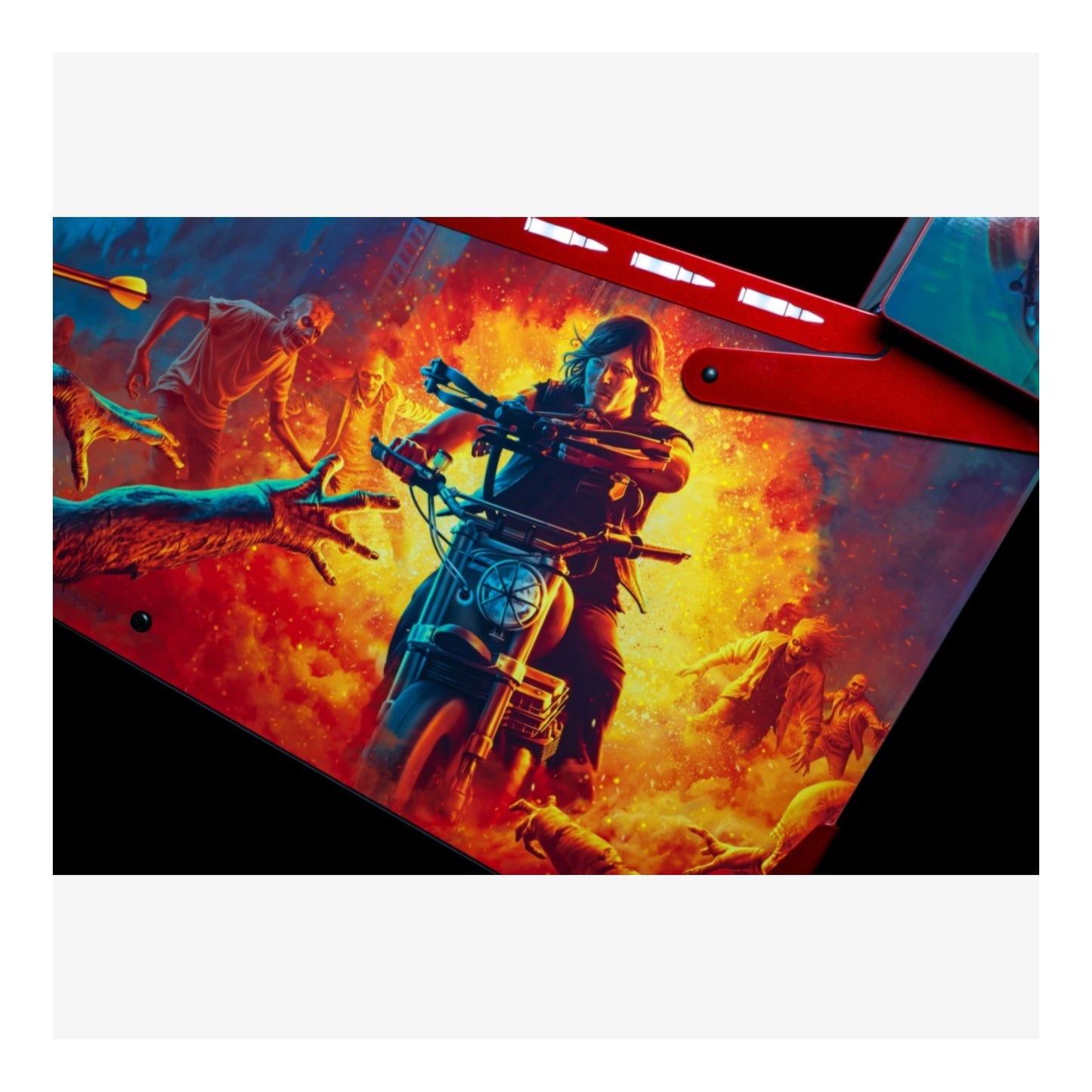 Limited Edition Stern Pinball. Stylized artwork of a person on a motorcycle with fiery background