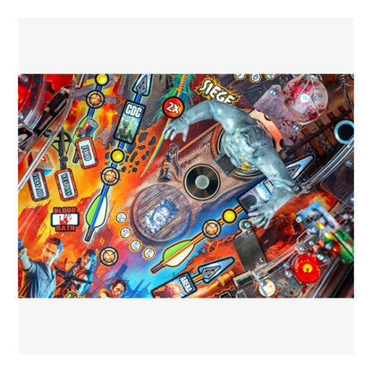Premium Stern Pinball The Walking Dead.  Close-up of a colorful pinball machine with various symbols and designs.