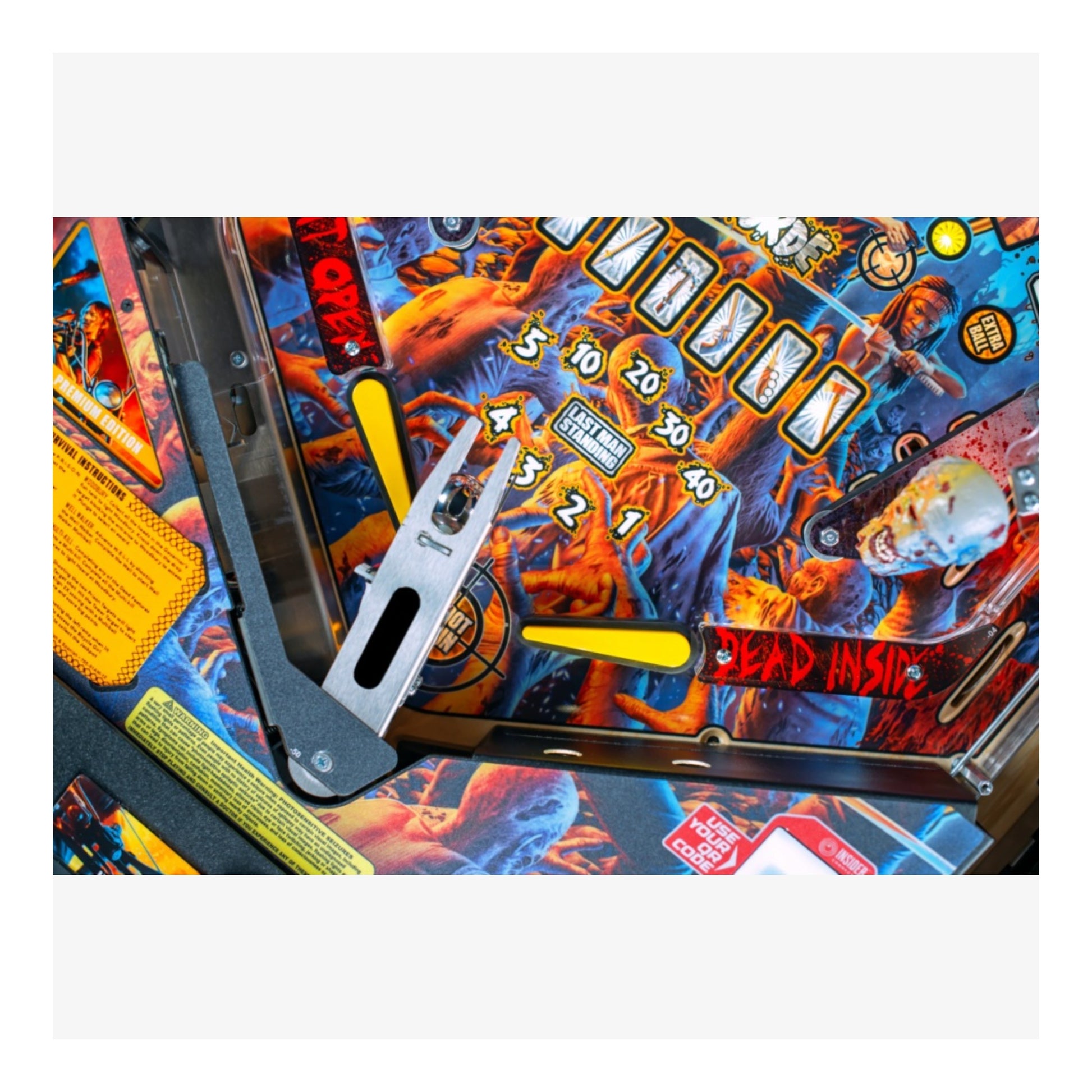 Premium Stern Pinball. Pinball machine with colorful design and text on a white background