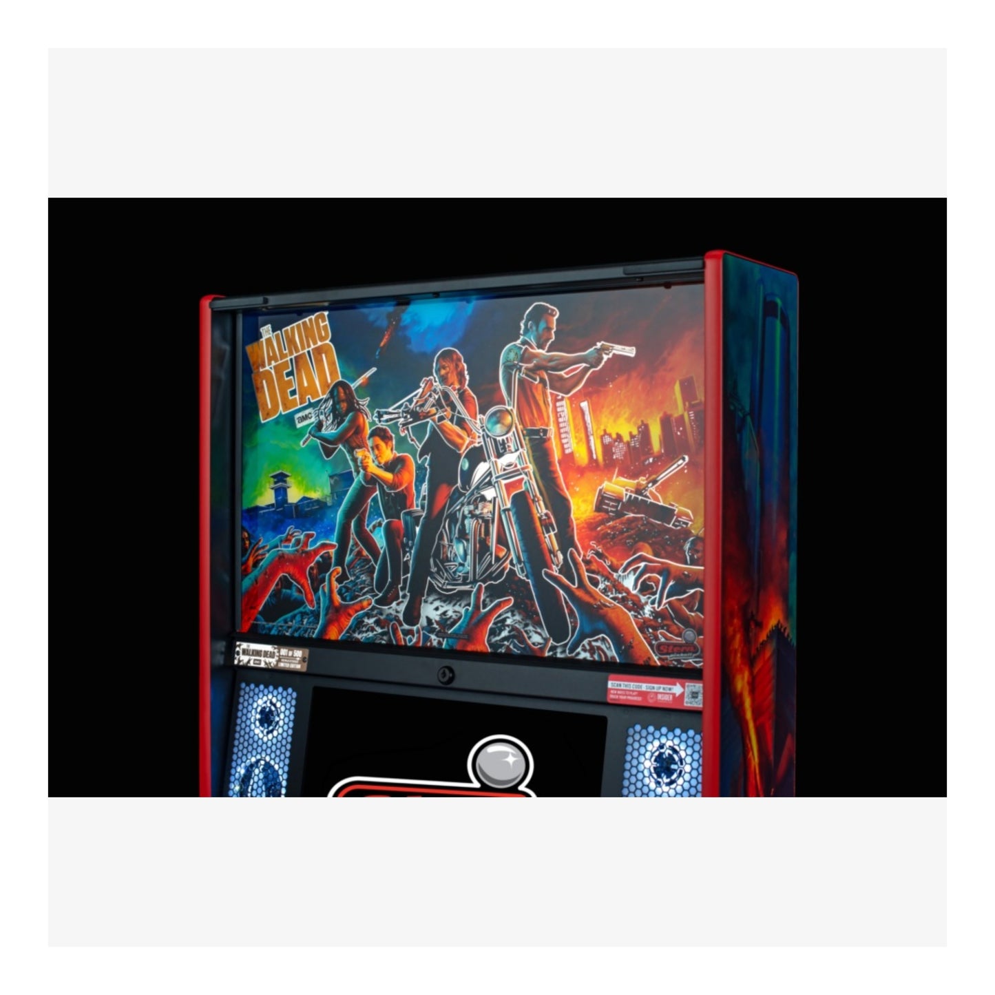 Limited Edition Stern Pinball. Pinball machine with 'The Walking Dead' artwork on a black background