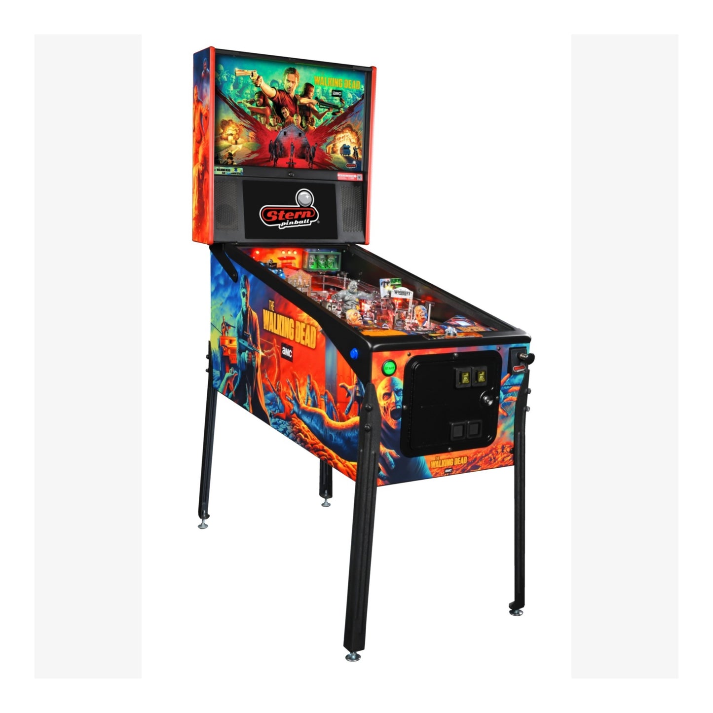 Premium Stern Pinball. Left side cabinet art of The Walking Dead Remastered Premium pinball machine, showing walkers.