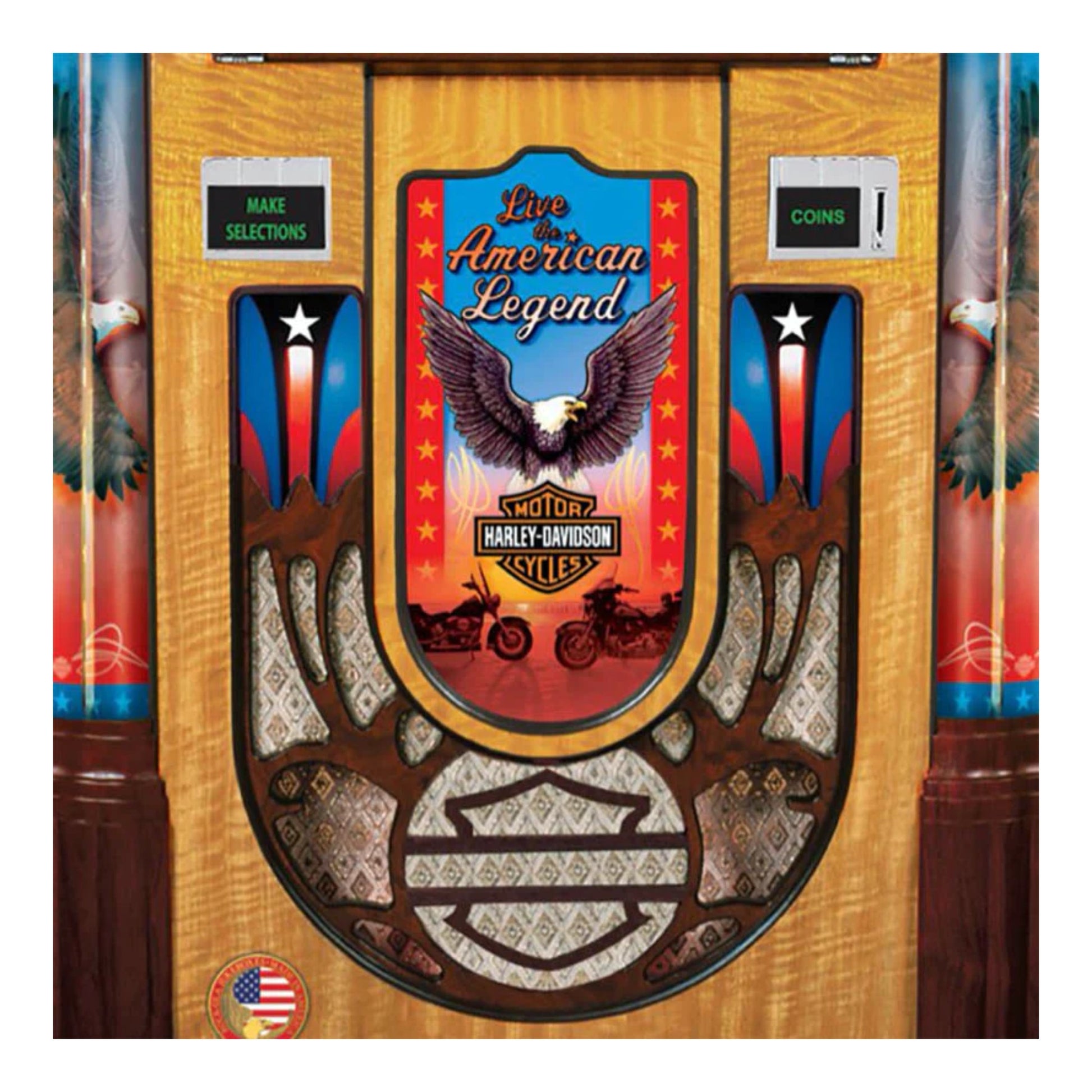 Harley-Davidson-themed arcade machine with an eagle and American flag design.