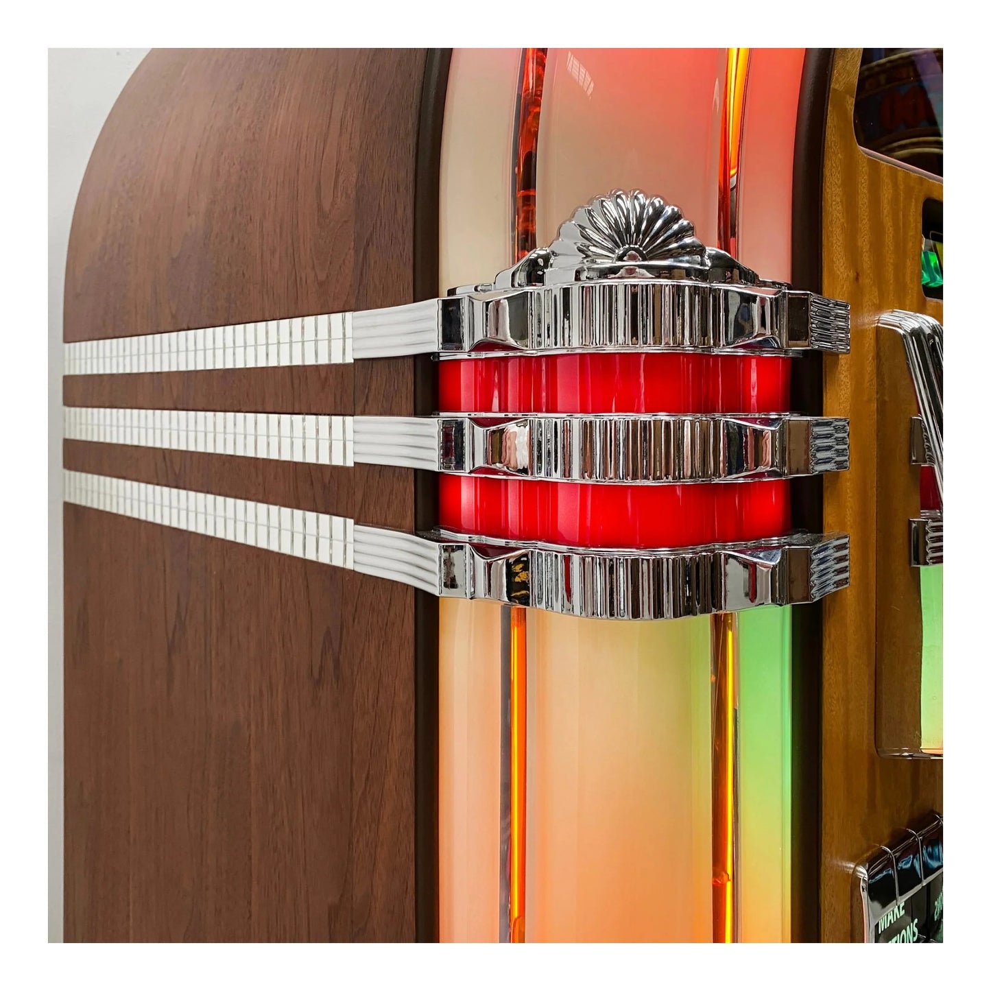 Close-up of a decorative emblem on a vehicle with a wooden finish.