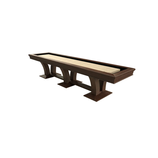 Divine Shuffleboard Table with walnut finish and sculptural solid wood base