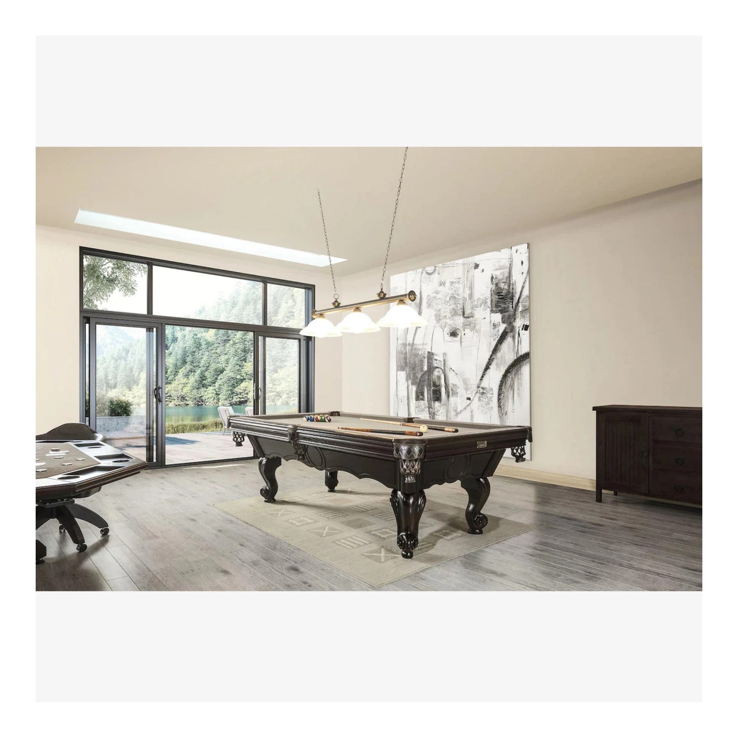 Modern room with a pool table and large windows