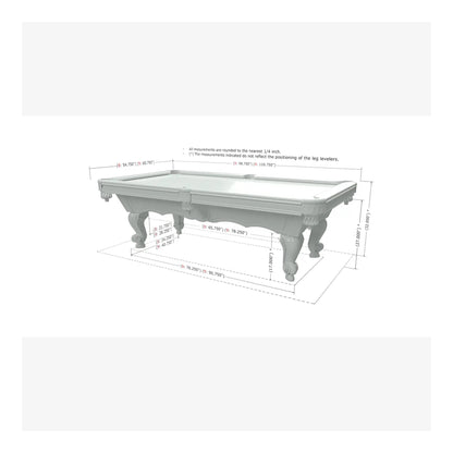 Pool table with dimensions labeled on a white background