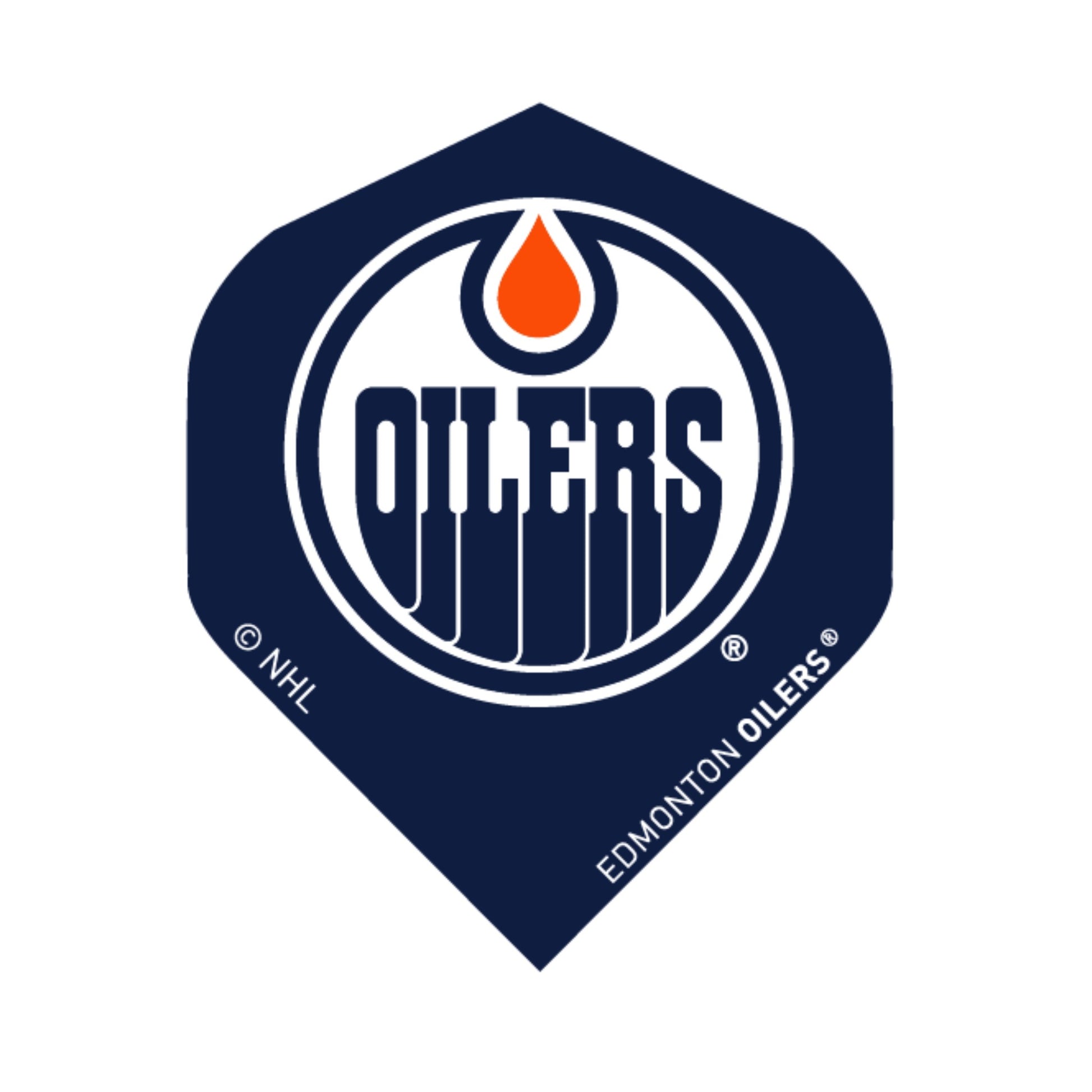 Edmonton Oilers logo on a blue dart flight with NHL and Edmonton Oilers branding.