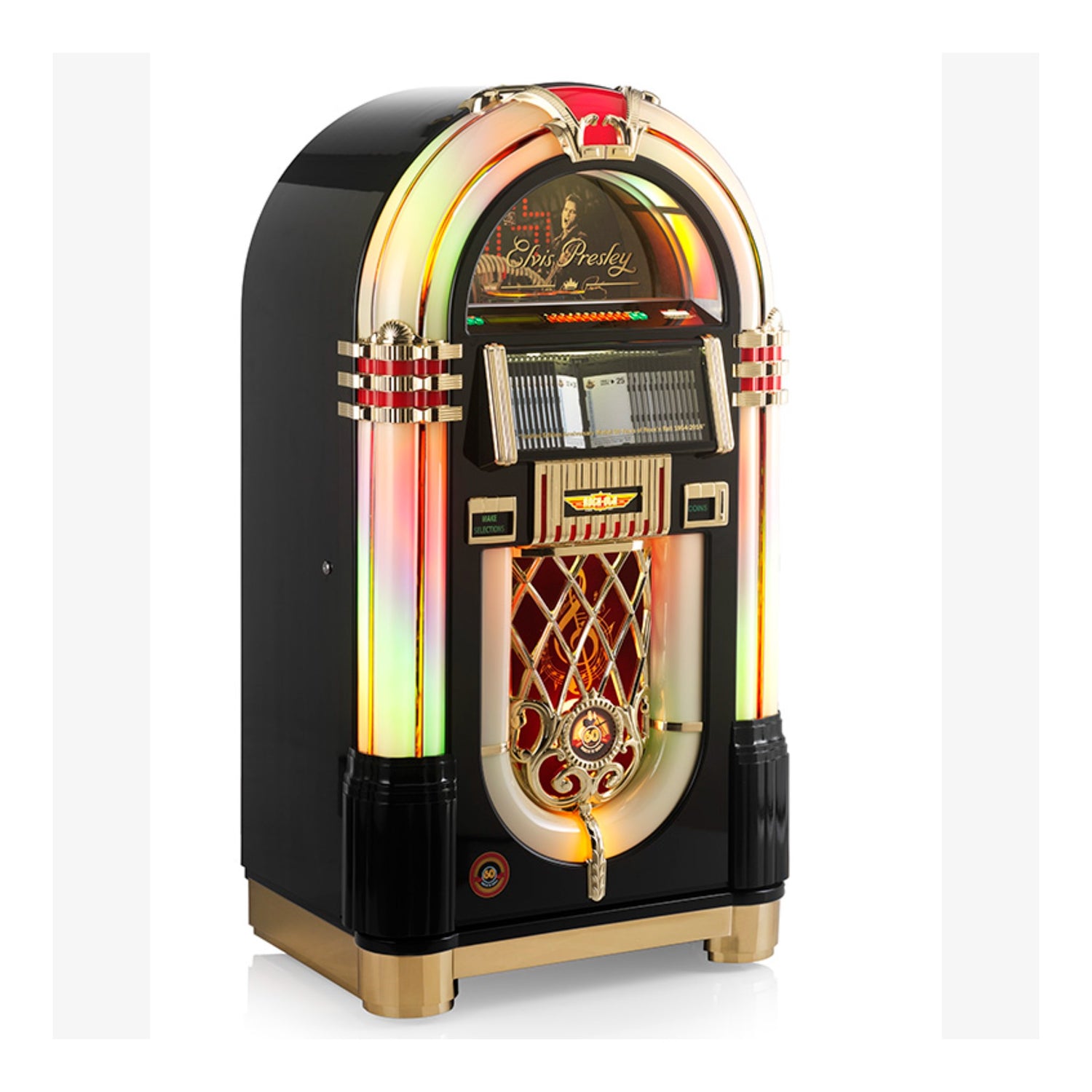 Vintage-style jukebox with colorful interior on a white background