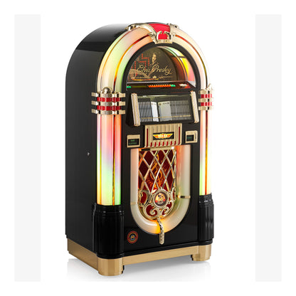 Vintage-style jukebox with colorful interior on a white background