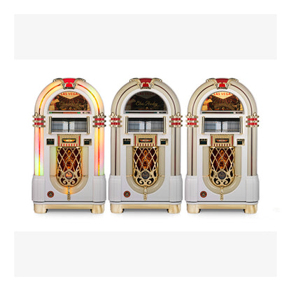 Three vintage-style jukeboxes on a white background