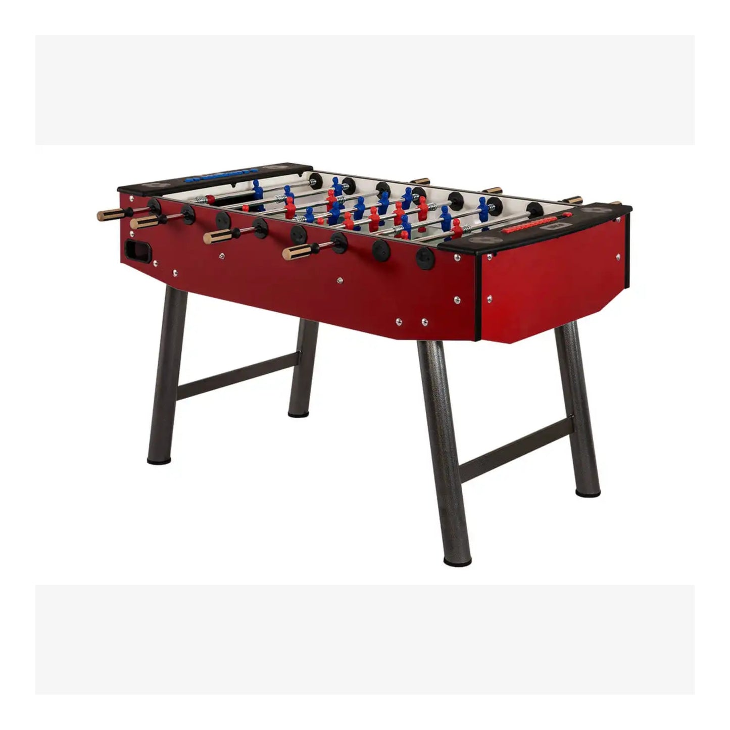 F.A.S. Fun Plus foosball table in red featuring telescopic rods and tempered glass playfield.