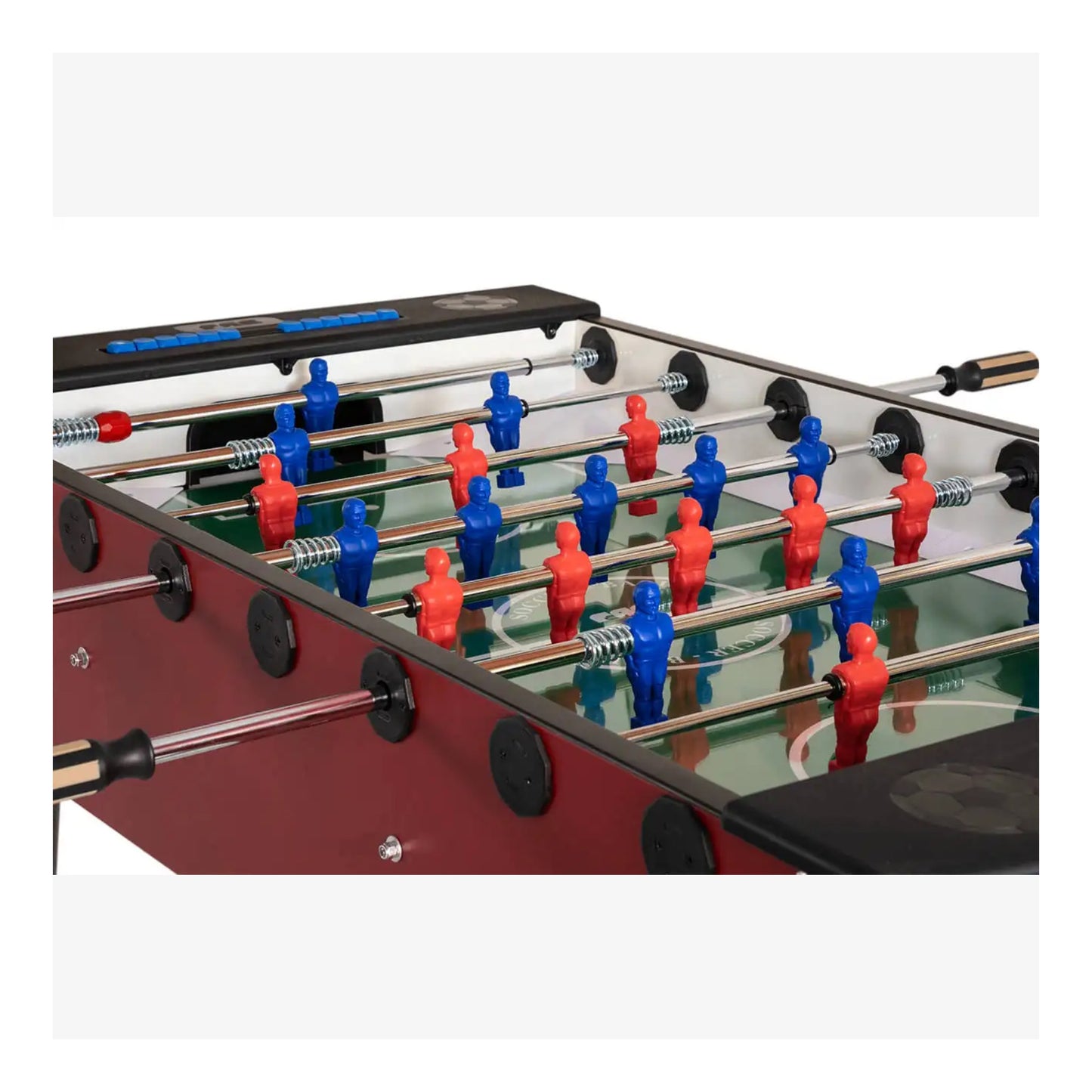 Close up of red and blue players on the tempered glass field of the F.A.S. Fun Plus table.