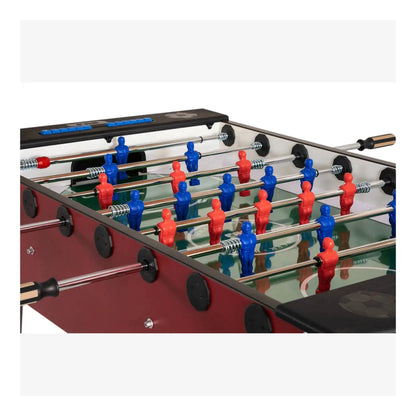 Close up of red and blue players on the tempered glass field of the F.A.S. Fun Plus table.