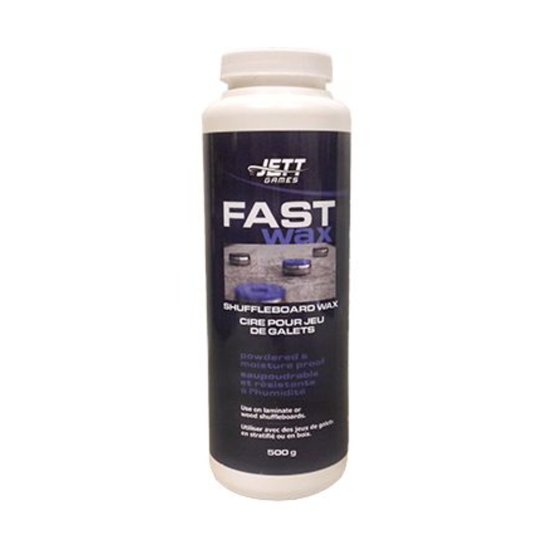 A 500g white plastic bottle of Jeti Drives Fast Wax Shuffledboard Wax with a black and purple label, set against a plain white background.