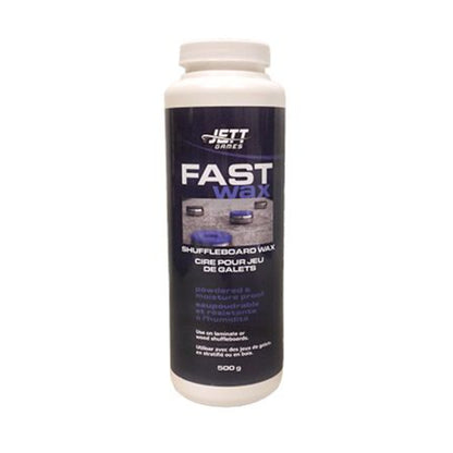 A 500g white plastic bottle of Jeti Drives Fast Wax Shuffledboard Wax with a black and purple label, set against a plain white background.