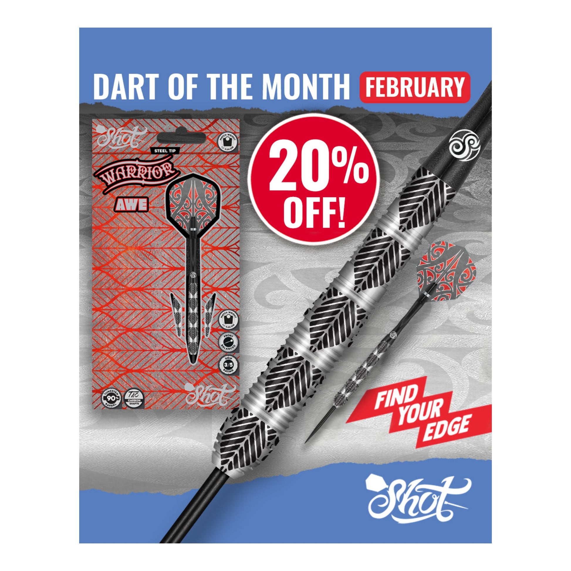 Promotional image showcasing 20% off in February for Warrior Awe Darts