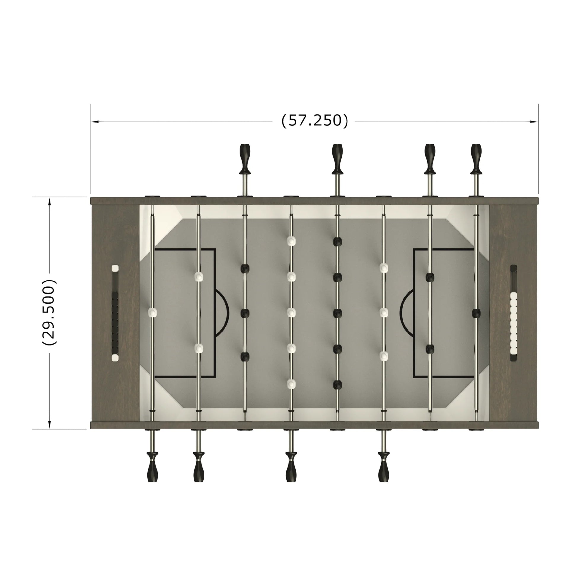 Foosball table with dimensions labeled on a white background