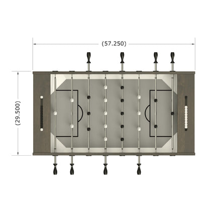 Foosball table with dimensions labeled on a white background