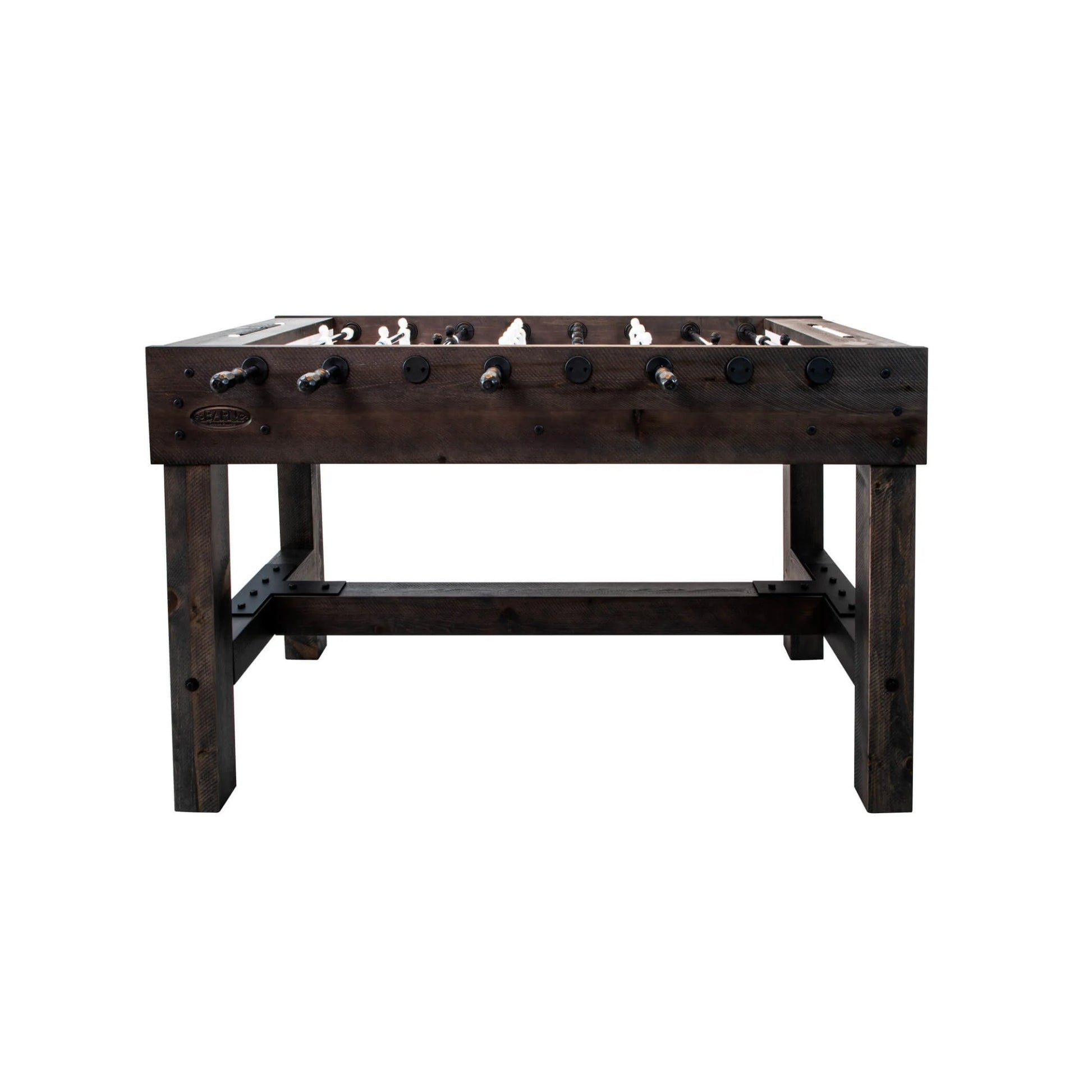 Side profile of Barn Foosball Table with industrial metal details and rustic grey finish