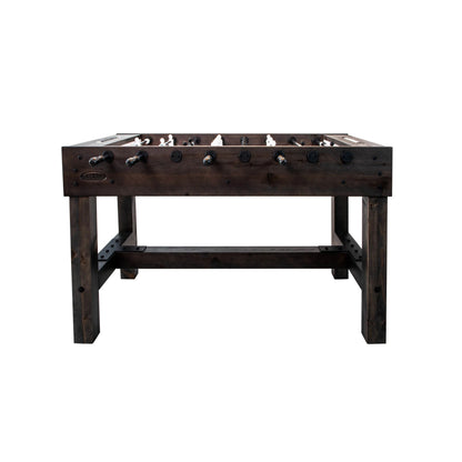 Side profile of Barn Foosball Table with industrial metal details and rustic grey finish