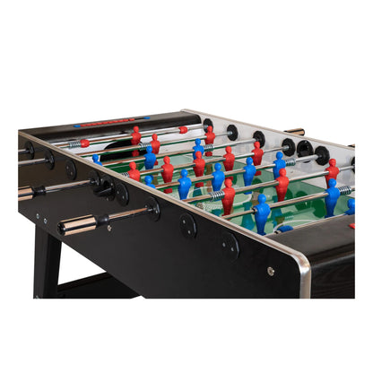 Top down view of Mondial Foosball Table tempered glass playfield and red and blue players