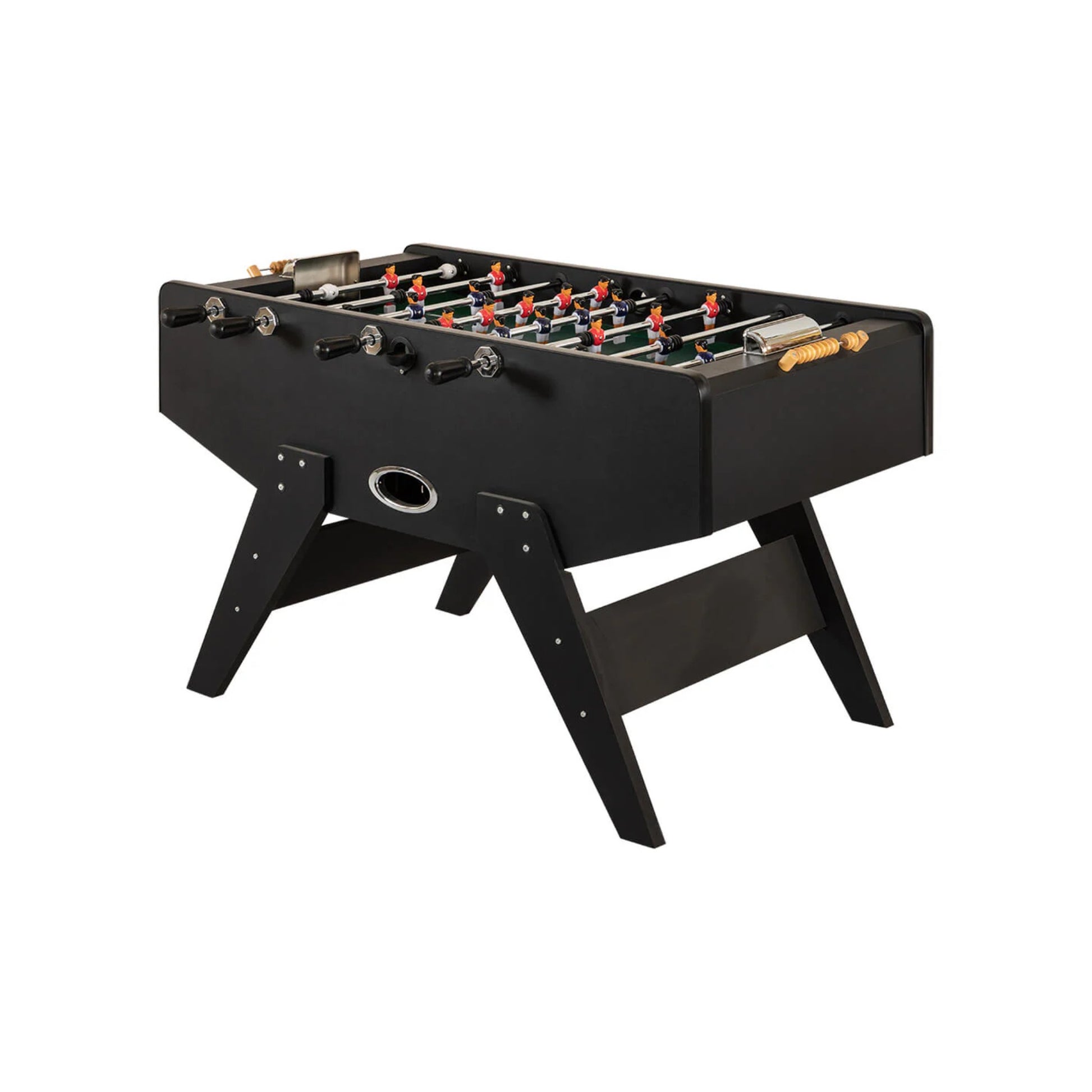 Black foosball table on a white background