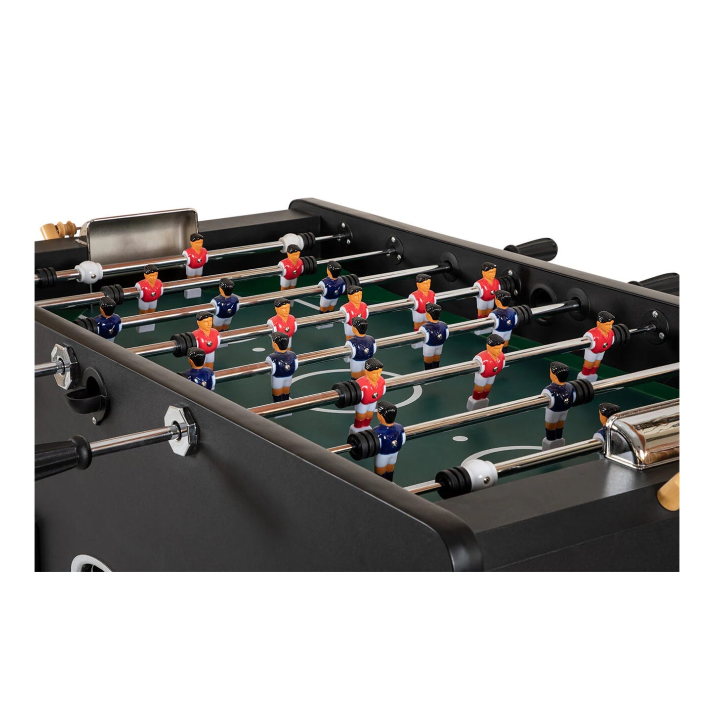 Close-up of a foosball table with players on a white background