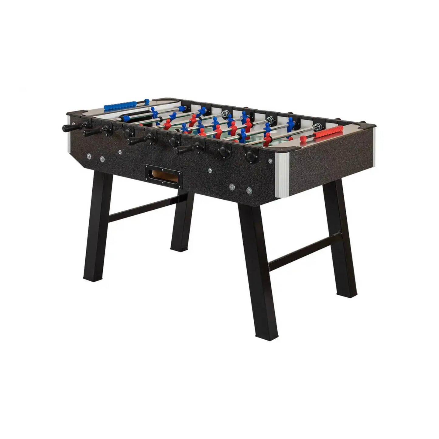 Angled view of Fabi Home Soccer Table showing red and blue players and sturdy cabinet