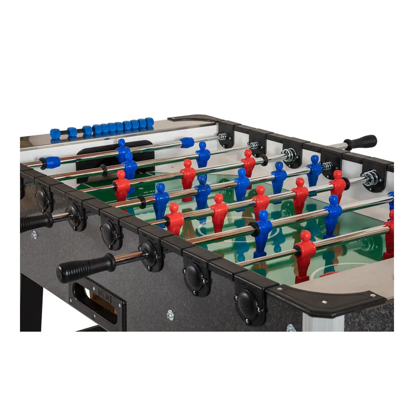 Top-down view of Fabi Home Foosball Table showing green tempered glass playfield